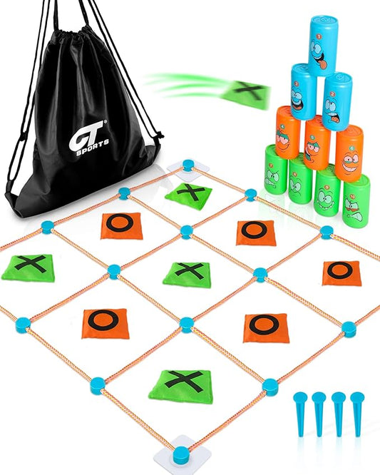 2-in-1 Giant Tic Tac Toe and Can Toss Game - Outdoor Games for Kids & Family, Backyard and Indoor Party Game Set with Bean Bags & Storage Bag