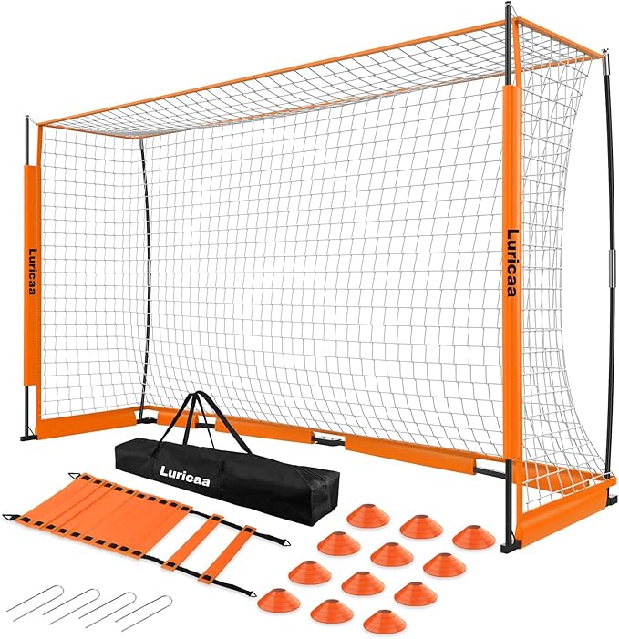 Collapsible Soccer Goal, 12×6 ft /6×4 ft Portable Soccer Goal Net for Backyard, Quick Setup Soccer Goals with 1 Carry Bag, 1 Agility Ladder, 4 Ground Nails,12 Training Cones