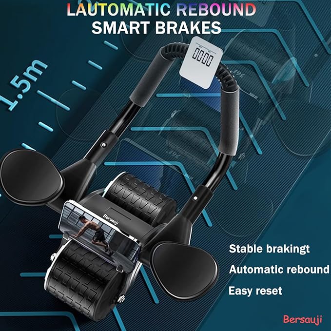 Bersauji 2025 New Ab Roller Wheel with Knee Mat &Timer, Automatic Rebound Abdominal Wheel, Ab Abdominal Exercise Roller with Elbow Support, Abs Workout Equipment Ab Exercise Roller for Women Men.