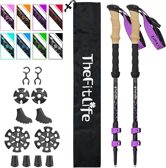 TheFitLife Carbon Fiber Trekking Poles – Collapsible and Telescopic Walking Sticks with Natural Cork Handle and Extended EVA Grips, Ultralight Nordic Hiking Poles for Backpacking Camping
