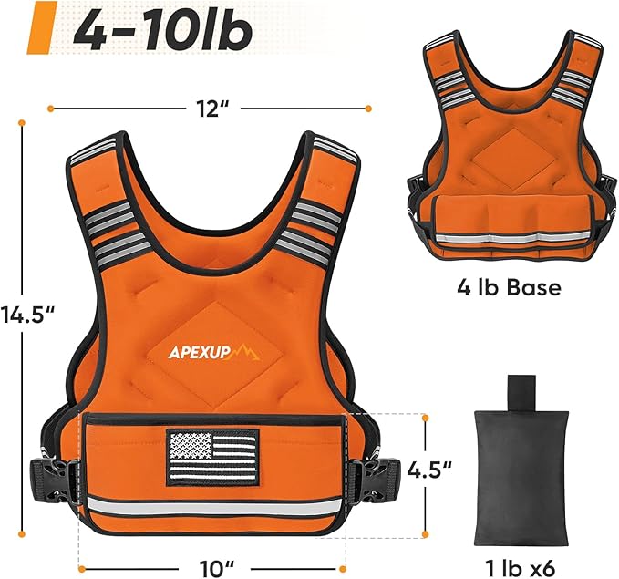APEXUP Adjustable Weighted Vest, 4-10lb/12-18lb/20-32lb Vest with 6 Ironsand Weights and Large Pocket, Weight Vest for Men Women Strength Training, Running, Walking