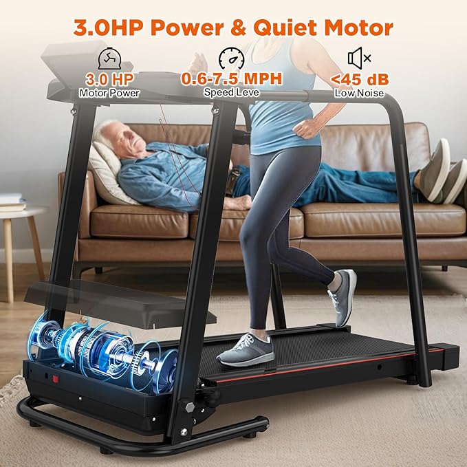 Treadmill for Seniors with Extended Long Handrails for Balance & Safety Foldable Elderly Treadmills for Home Composite Shock-Absorbing Treadmill for Seniors 300 lbs Capacity LCD Display APP Control