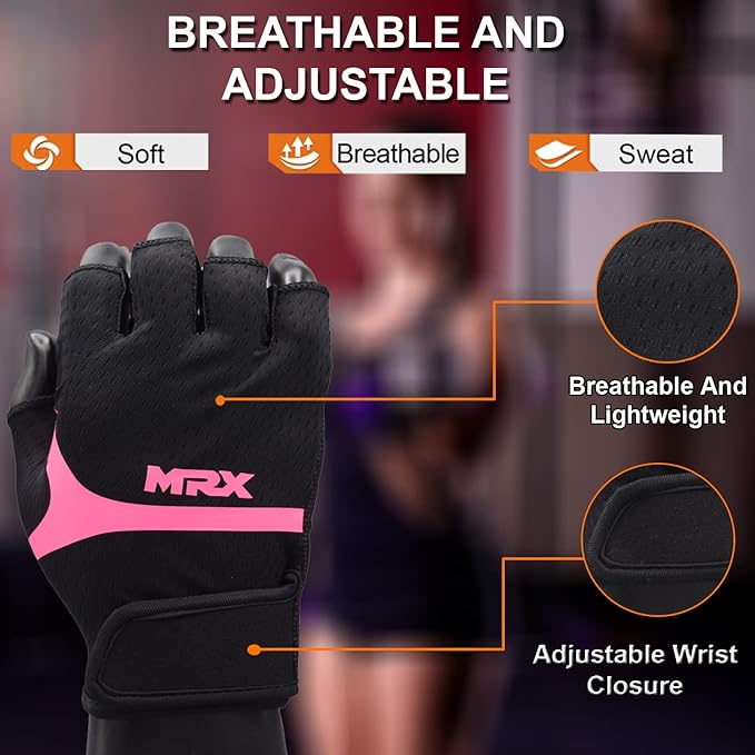 MRX Weight Lifting Gloves for Women Breathable Workout Gloves Anti Slip Padded Shock-Absorbing Extra Grip Palm Protection Half Finger Exercise Gloves for Gym, Cycling, Training, Weightlifting, Size : Medium