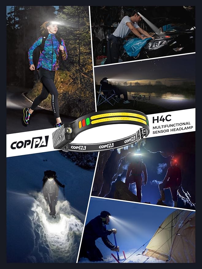 COPPA Headlamp, H4C Headlamp Rechargeable 2Pack with White & Yellow & Red & Green Floodlight & Spotlight Mini Portable with Motion Sensor Super for Camping Running Fishing Climbing Hiking Maintenance