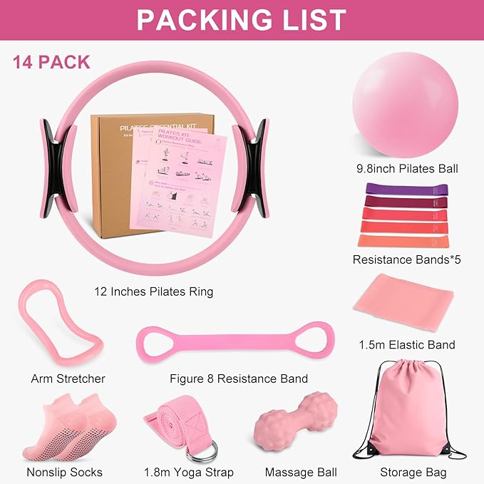 Home Pilates Essentials Kit for Women, Pilates Equipment Ring and Ball Set, Pink Workout Set Including Magic Circle, 5 Loop Bands ,Massage Ball, Premium Kits for Starter Toning Workouts at Home