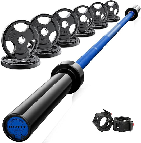 RitFit Barbell Weight Set - 4/6FT Olympic Barbell with Weight Plates (55-275LB Total) - Weightlifting Equipment for Squats, Curls, Deadlifts, Presses, Hip Thrusts