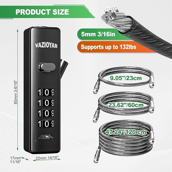 Cable Locks with Combination,Bicycle Lock, Suitcases Lock,Comes with 3 Different Lengths of Cables, Reconfigurable 4-Digit Password Lock,Zinc Alloy Reinforced Lock Body (Black)