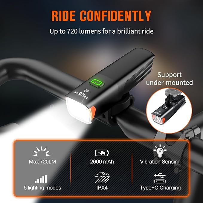 Nicron Bike Lights, 720 Lumens Bike Headlight，5 Modes USB Rechargeable Bicycle Light Super Bright, Bike Lights for Night Riding Waterproof IPX4 Bike Light.