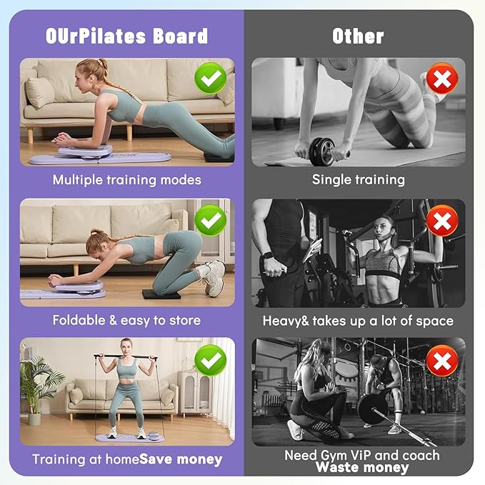 Pilates Board - Pilates Reformer Set with Timer, 7 in 1 Multi-Purpose Foldable Reformer Pilates Machine, Portable Pilates Equipment for Women, Home Workout, Fitness, Exercise, Abs, Core