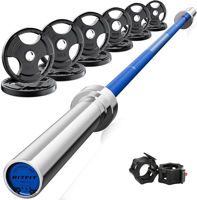 RitFit Barbell Weight Set - 4/6FT Olympic Barbell with Weight Plates (55-275LB Total) - Weightlifting Equipment for Squats, Curls, Deadlifts, Presses, Hip Thrusts