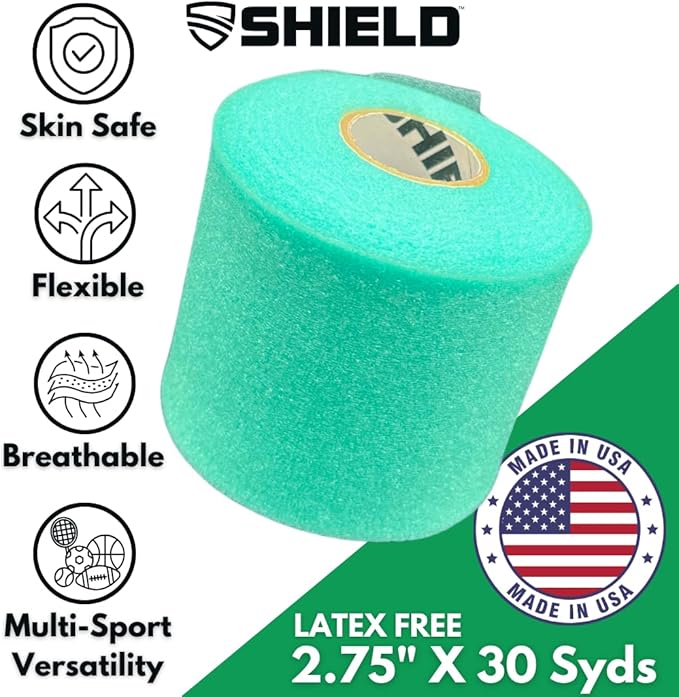 Shield Athletic Underwrap | Bulk Case of 48 Rolls of PreWrap, Hair Tie, Headband, Patellar Support, Pre-Wrap Athletic Tape, 2.75" X 30 SYards, Foam Barrier, Flexible, Breathable (Teal)
