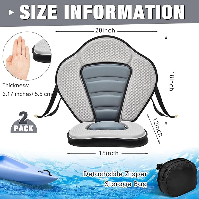 Lewtemi 2 Set Thicken Kayak Seat with Back Support Canoe Paddle Board Seat with Detachable Storage Bag Adjustable Sit on Top Paddleboard Cushion for Kayaking Canoeing Rafting