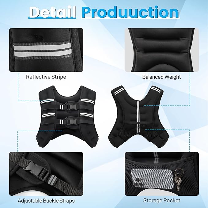 Weighted Vest, 6lb/8lb/12lb/16lb/20lb/30lb for Men, Women with Reflective Stripe, Weight Vests Adjustable for Workout, Strength Training, Running, Fitness, Muscle Building, Weight Loss