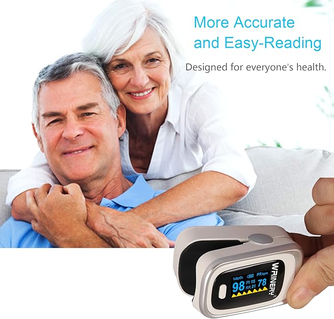 WRINERY Oxygen Saturation Monitor, Pulse Oximeter Fingertip, Oxygen Monitor, O2 Saturation Monitor, OLED Portable Oximetry with Batteries, Lanyard (Silver-White)