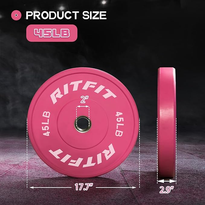 RITFIT Pink Weight Plates, 2 Inch Olympic Barbell Weight Plate, Bumper Plates With Steel Insert, Pink Weights for Gym and Home