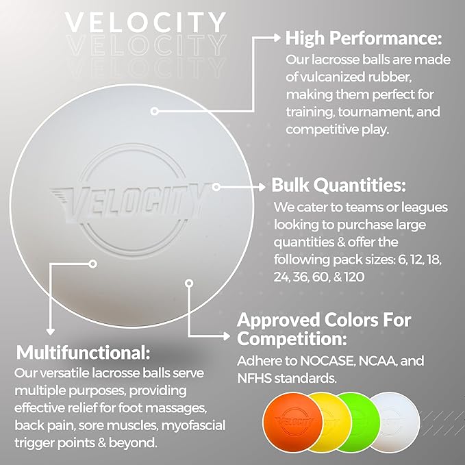 Velocity Lacrosse Balls - 1, 2, 3, 6, 12, 18, 24, 36, 60 and 120 Packs - for Practice, Official NFHS and College Approved Size