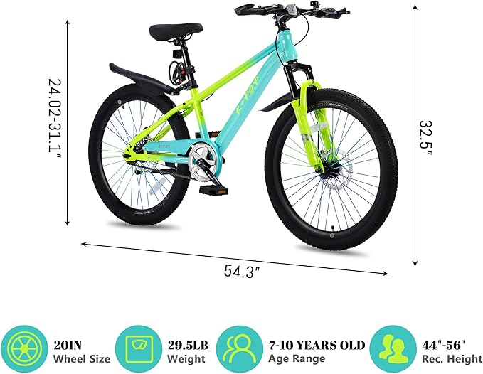 20/24 Inch Mountain Bike for Kids, Girls Boys Bikes Ages 8-12, Single Speed Mountain Bicycle with Suspension Fork, 20/24 Inch Bike Boys Girls Bicycles with Front and Rear Disc Brakes