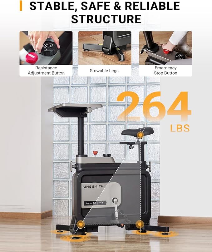 Foldable Under Desk Bike, All-in-one Exercise Bike for Home, Indoor Bike Stationary Bike with Desk, Adjustable Resistance, 264LBS Capacity, Portable Office Bike, Compact Cycling