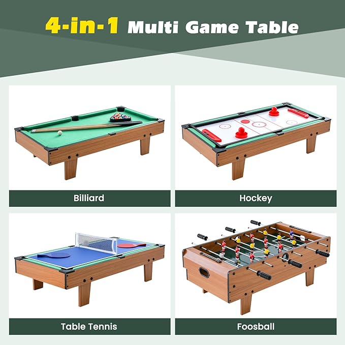 Giantex 4-in-1 Multi Game Table, Combo Foosball Game Table Top w/Billiards, Ping Pong, Push Hockey for Home, Game Room, Family Night & Arcade, Wood Combination Game Table Set for Adults