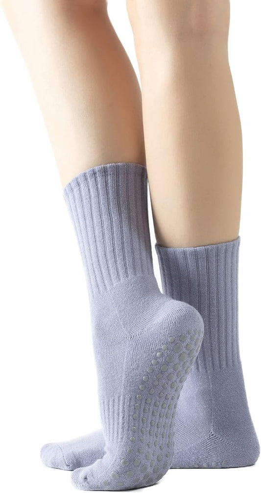 Yoga Pilates Socks with Grips for Women Non Slip Solid Colored Fleece Cushioned Mid Calf Crew Socks for Barre Ballet Dance