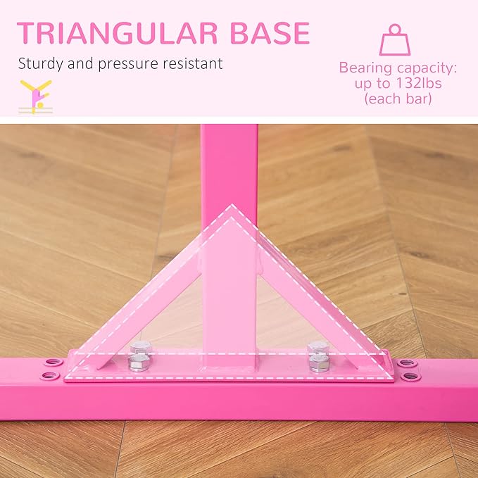 Qaba Double Horizontal Bars, Junior Uneven Bars Gymnastics for Home with 13-Level 36"-59" Adjustable Heights, 6-Level Adjustable Width - Pink