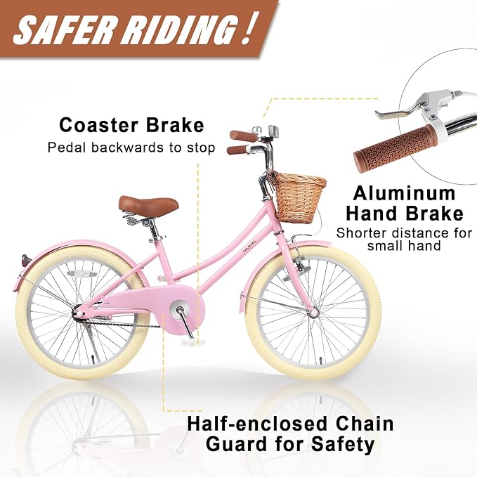 Glerc Little Molly 12-20 Inch Kids Retro Cruiser Bike for 2-13 Year Old with Wicker Basket & Training Wheels/Kickstand, Multiple Colors