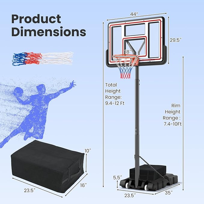 GYMAX Basketball Hoop, 7.4-10 FT Single Hand Rotation Adjustable Basketball Goal with 44” PC Backboard, Fillable Base & Weight Bag, Portable Basketball Hoop for Kids Youth Adults, Backyard Court