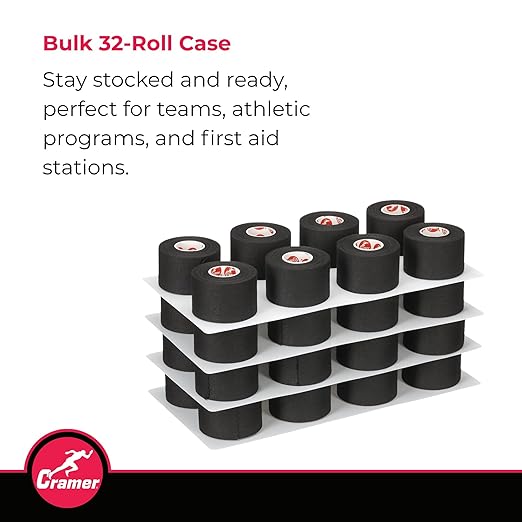 Cramer Team Color Athletic Tape, Black, Latex-Free, 1.5" x 10yds, 32 Roll Bulk Case, Tearable Sports Tape for Wrists, Ankles, Baseball, Training, Strong Athletic Wrap for Athletes & Trainers