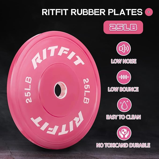 RITFIT Pink Weight Plates, 2 Inch Olympic Barbell Weight Plate, Bumper Plates With Steel Insert, Pink Weights for Gym and Home
