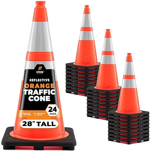 Xpose Safety 28 Inch Orange Traffic Cones with 6" & 4" Collars, 24-Pack - Multipurpose PVC Plastic Safety Cone for Parking, Soccer, Caution, Kids and Construction - DOT Approved
