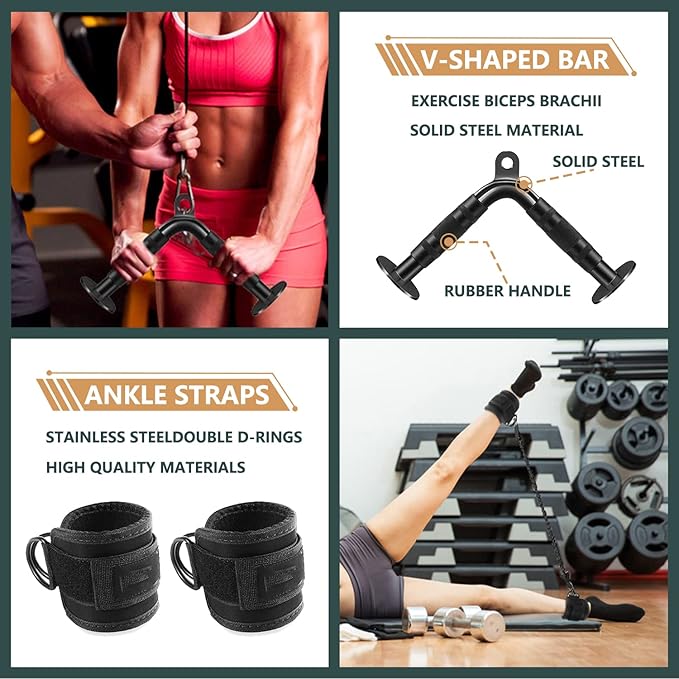 Cable Attachments for Gym, Cable Machine Attachment Set, LAT Pulldown Attachments, Cable Machine Accessories, Tricep Pull Down Attachment, Home Gym Accessories