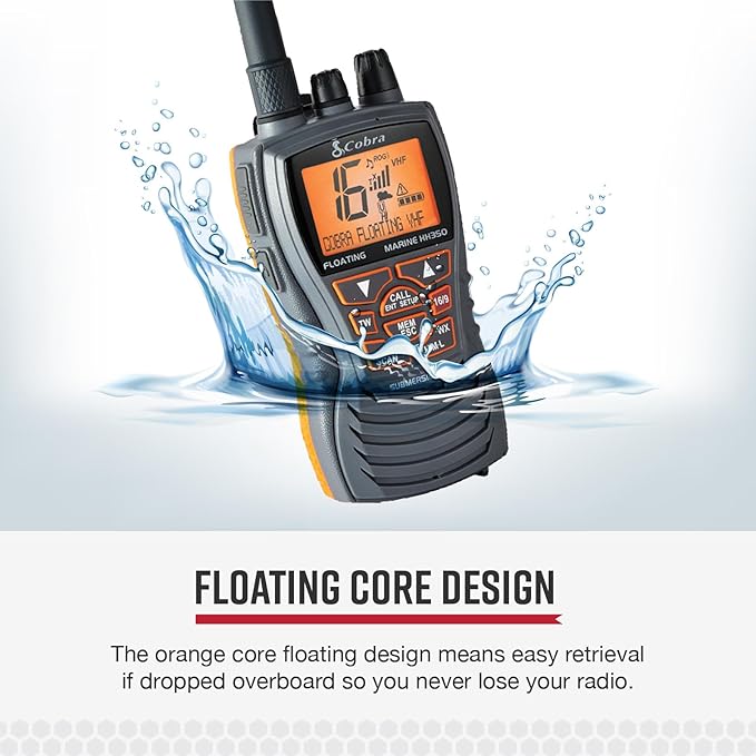 Cobra MR HH350 FLT Handheld Floating VHF Marine Radio - 6 Watt, Submersible, Noise Cancelling Mic, Backlit LCD Display, NOAA Weather, and Memory Scan, Grey