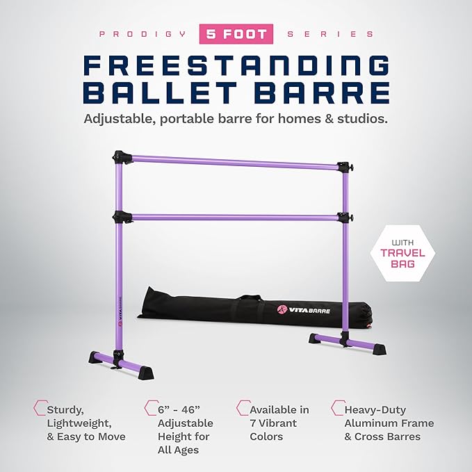 VITA Barre Portable Freestanding Double Ballet Barre, Prodigy, with Carry Bag | Adjustable Height, USA Made, Home or Gym Exercise Equipment for Kids & Adults | Dance, Fitness, Pilates