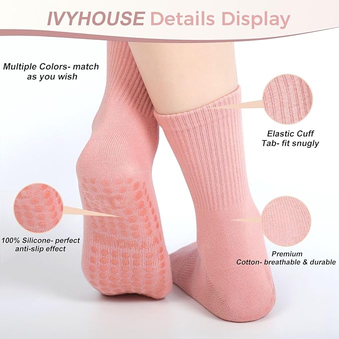 Ivyhouse Pilates Yoga Socks with Grips for Women - Crew Length Ballet Barre Socks - Sticky Workout Hospital Socks