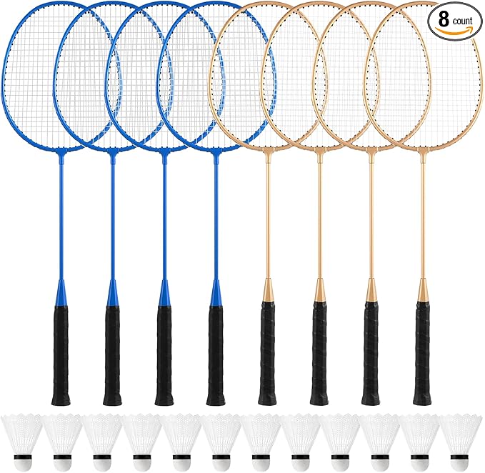 Woanger 8 Packs Badminton Rackets Set with 12 Badminton Racquets for Adult Backyard Gym Beach Outdoor Games