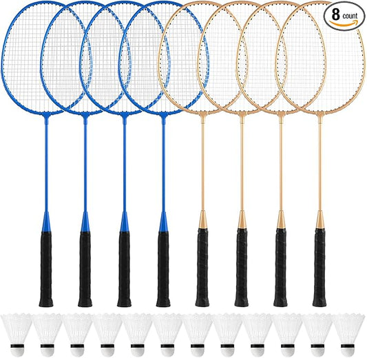 Woanger 8 Packs Badminton Rackets Set with 12 Badminton Racquets for Adult Backyard Gym Beach Outdoor Games