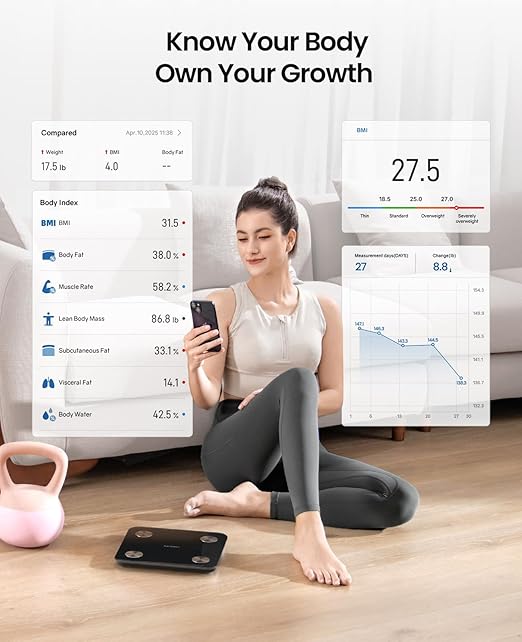 Scale for Body Weight, Digital Smart Bathroom Weight Scale with BMI, Body Fat, Muscle Mass, Accurate 20 Body Composition Scale, 10.2" Compact Platform with APP, 400lb, Black