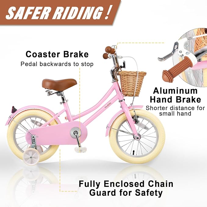 Glerc Little Molly 12-20 Inch Kids Retro Cruiser Bike for 2-13 Year Old with Wicker Basket & Training Wheels/Kickstand, Multiple Colors