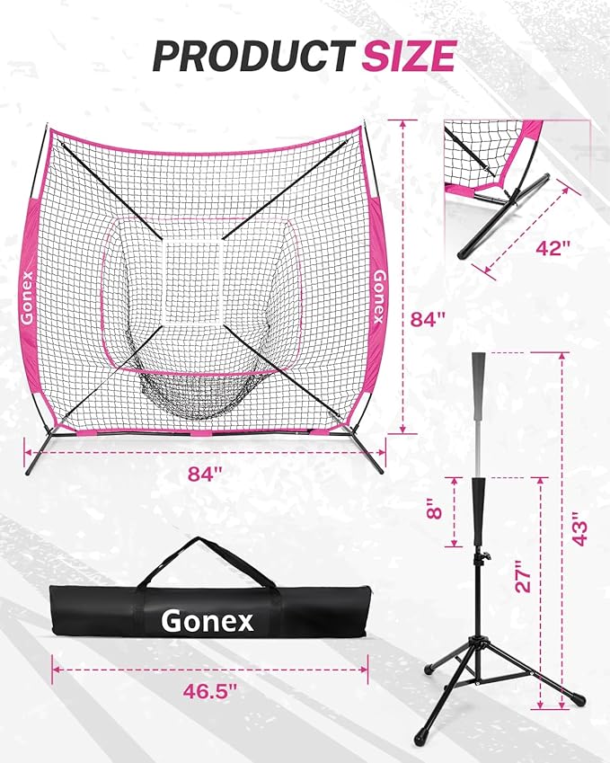 Gonex 7' x 7' Baseball Softball Practice Net Set with Batting Tee for Hitting and Pitching Batting, Practice Training Aid, with Strike Zone, Large Mouth, Bow Frame, Carrying Bag