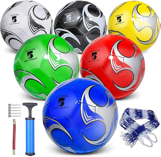 6 Pack Size 5/4/3 Soccer Balls for Training & Matches – Official Size & Weight, Includes Carry Net, Needles, Air Pump – Ideal for Youth and Adult Players