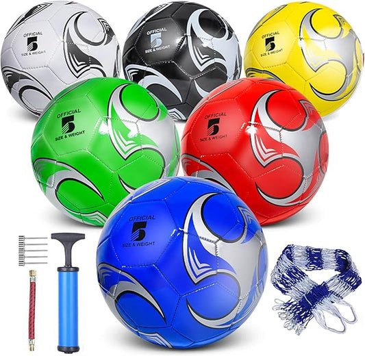 6 Pack Size 5/4/3 Soccer Balls for Training & Matches – Official Size & Weight, Includes Carry Net, Needles, Air Pump – Ideal for Youth and Adult Players
