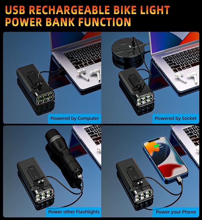 2025 Upgrade Super Bright Rechargeable Bike Lights for Night Riding,6 LED High Lumen 10 Mode Bike Headlight Taillight,360°Rotatable Brackt,Aluminum Front Lights,Runtime 48+ hrs,Shockproof Waterproof