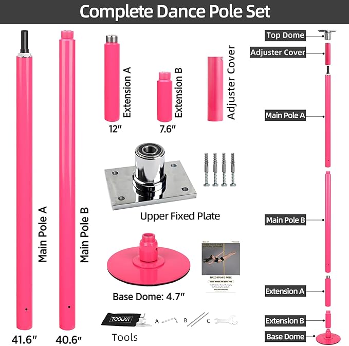 PRIOR FITNESS Permanent Fixed Dance Pole Kit, Professional 45mm Spinning & Static Dancing Pole Heavy-Duty Steel Pole Dance for Home, Adjustable Height Excellent for Home Exercise Studio Club Gym