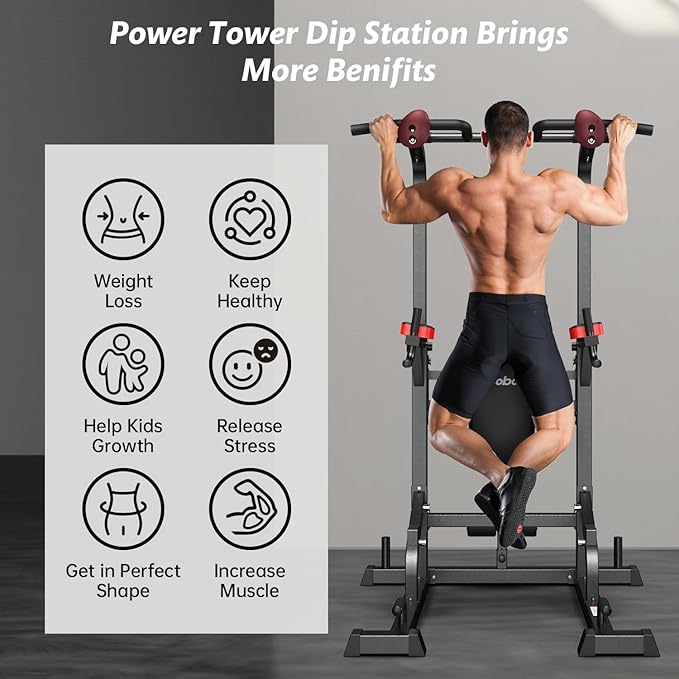 Pooboo Power Tower Dip Station Pull Up Bar for Fitness Home Gym Workout,Multi-Function Adjustable Height Fitness Strength Training Exercise Equipment,with Power Elastic Ropes