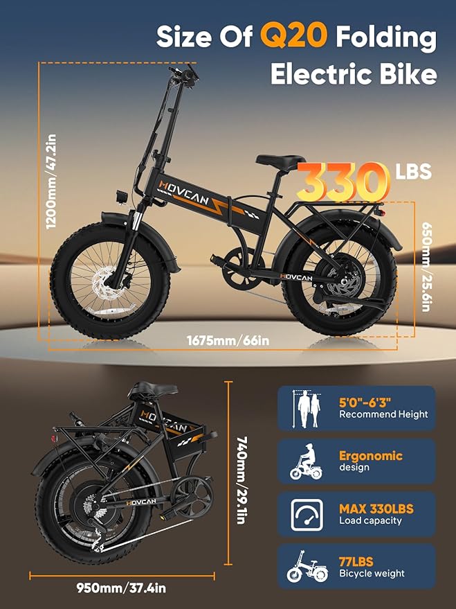 Q20 Folding Electric Bike, 52V 15.6Ah Removable Concealed Battery 20” Fat Tire Dirt Bike,1500W Motor 30 MPH Top Speed E Bikes, 7 Speed Dual Hydraulic Brake Electric Bikes for Adults