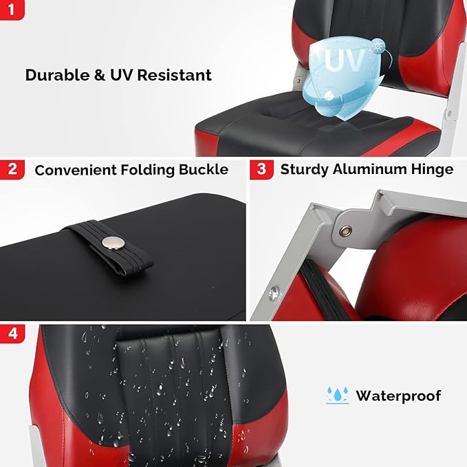 PEXMOR Boat Seats Low/High Back, Folding Boat Seat Included, Fold-Down Fishing Boat Seats Waterproof Captain Boat Seat w/Aluminum Hinges & Thick Soft Cushion, 2 Packs (Low Back-Red & Black)