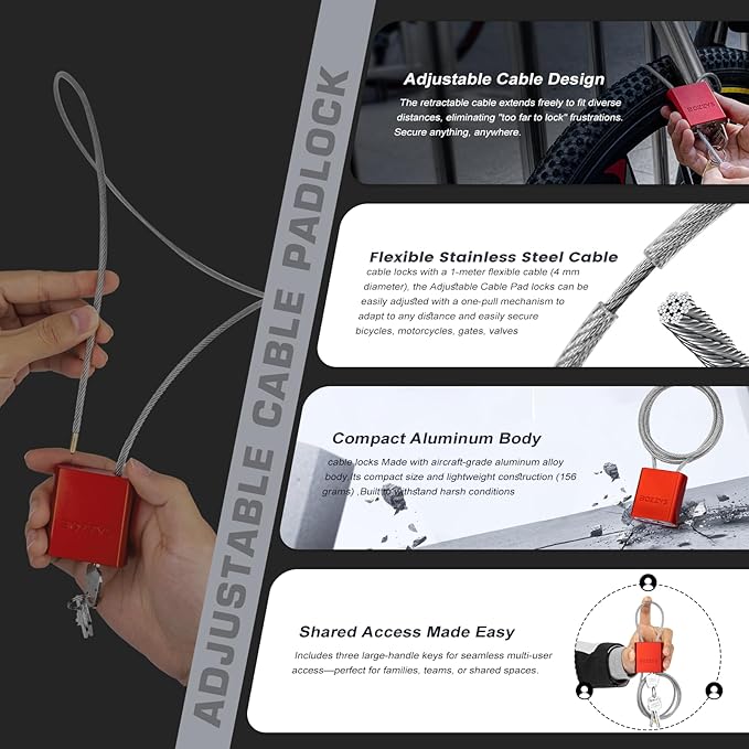 Adjustable Cable Locks with 3 Keys | L 6.56ft x D 1/6in Aluminum Steel Cable Padlock for Bikes, Gate, Lockers & Outdoor Gear | Keyed Different & Black