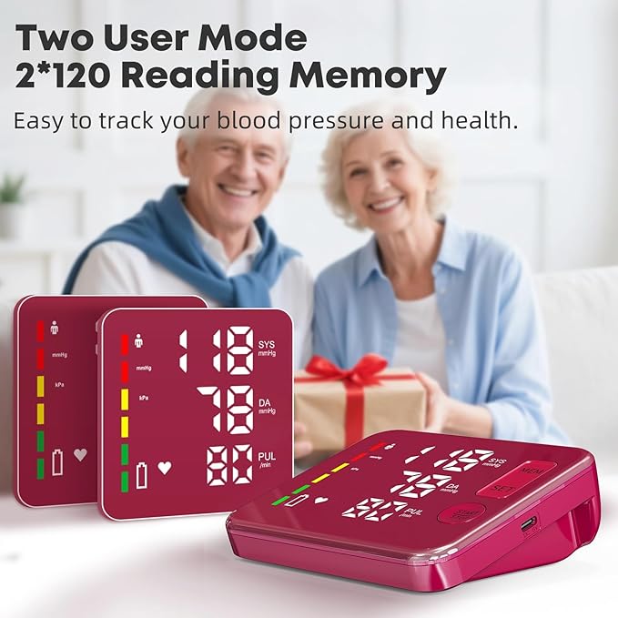 Blood Pressure Monitor Rechargeable Upper Arm Blood Pressure Monitors for Home Use Large Screen Bp Machine with 8.7"-16.5" Bp Cuff, 2x120 Memory, Voice Broadcast Bp Monitor(Red)
