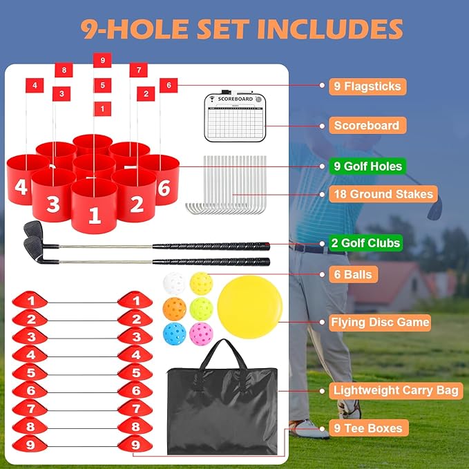 FOOING Golf Game with 2 Clubs, 9 Hole Practice Golf Backyard Game Set for Adults and Family Outdoor Indoor, Plastic Battle Yard Game with Balls and Flag for Lawn, Beach, Camping and Park