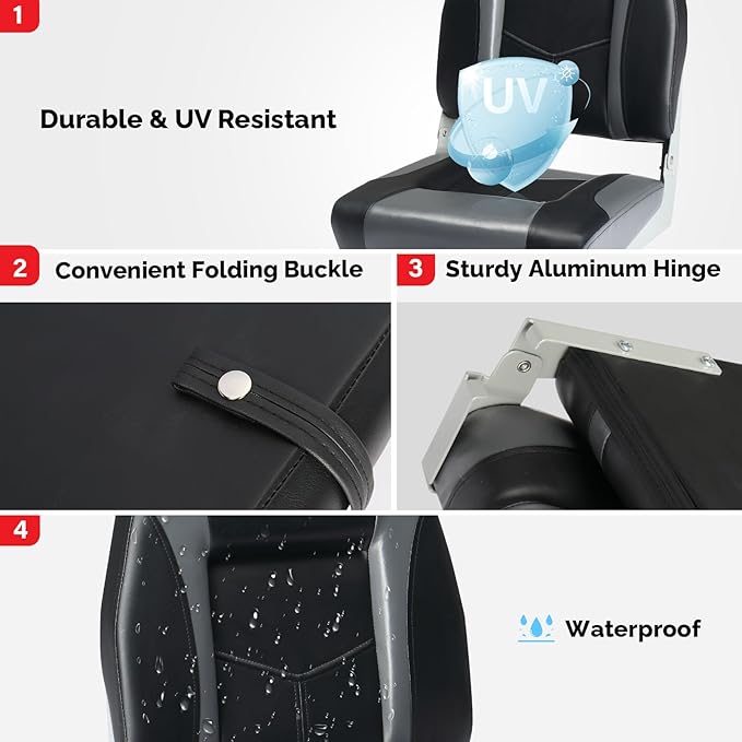 PEXMOR Boat Seats Low/High Back, Folding Boat Seat Included, Fold-Down Fishing Boat Seats Waterproof Captain Boat Seat w/Aluminum Hinges & Thick Soft Cushion, 2 Packs (High Back-Grey & Black)